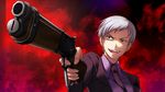 androgynous artist_request bangs crazy_eyes crazy_smile fingernails game_cg gun highres jacket necktie official_art red_background rifle shaded_face shirt silver_hair smile solo spoilers umineko_no_naku_koro_ni ushiromiya_kyrie weapon 