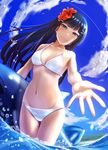  aqua_eyes ass_visible_through_thighs bangs beach bikini black_hair blush breasts cleavage cloud fisheye flower hair_flower hair_ornament hands hibiscus highres hkn_(ringya) inflatable_shark inflatable_toy kurosawa_dia long_hair looking_at_viewer love_live! love_live!_sunshine!! medium_breasts mole mole_under_mouth navel open_hand outstretched_hand sky smile solo swimsuit thigh_gap wading water wet white_bikini 