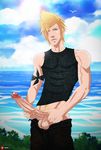  1boy beach blonde_hair erection final_fantasy final_fantasy_xv gnin large_penis looking_at_viewer male_focus muscle ocean outdoors penis penis_grab public sky solo undressing 