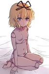  barefoot blonde_hair bow bow_panties breasts doll_joints full_body hair_ribbon highres looking_at_viewer medicine_melancholy navel no_nipples panties purple_eyes red_bow ribbon saple seiza short_hair sitting sketch small_breasts solo topless touhou underwear underwear_only white_panties 