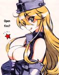  blonde_hair blue_eyes breasts cleavage commentary_request elbow_gloves english fingerless_gloves front-tie_top gloves hair_between_eyes highres iowa_(kantai_collection) kantai_collection kusanagi_tonbo large_breasts long_hair looking_at_viewer profile simple_background solo star star-shaped_pupils symbol-shaped_pupils upper_body white_background 