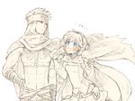  1girl abs bandages belt blue_eyes blush cape couple fire_emblem fire_emblem:_rekka_no_ken hairband heart jaffar_(fire_emblem) monochrome nekoyamiyako nino_(fire_emblem) red_eyes short_hair sketch smile spot_color 