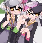  2girls aori_(splatoon) black_hair blush breasts domino_mask earrings eyebrows fang g_perarikku green_umbrella hair_ornament half-closed_eyes hotaru_(splatoon) japanese_clothes jewelry kimono long_sleeves mask medium_breasts mole mole_under_eye multiple_girls pointy_ears silver_hair smile splatoon_(series) splatoon_2 tentacle_hair thick_eyebrows umbrella wide_sleeves yellow_eyes 