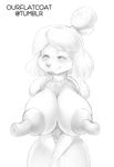  2017 animal_crossing anthro areola big_breasts blush breasts canine clothing digital_drawing_(artwork) digital_media_(artwork) dog erect_nipples female greyscale hair huge_breasts isabelle_(animal_crossing) long_nipples mammal monochrome nintendo nipples ourflatcoat simple_background smile solo video_games white_background 