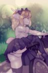  2018 anthro antlers beauty_mark bicycle biped black_bottomwear black_clothing blonde_hair breasts butt camel_toe clothed clothing day digital_media_(artwork) english_text female fully_clothed fur grey_topwear hair hair_bow hair_ribbon heterochromia hi_res horn legwear lens_flare looking_at_viewer looking_back mammal miniskirt ni70 outside panties panty_shot pink_nose pinup pose raised_leg red_eyes ribbons rolled_up_sleeves shaded shirt short_tail skirt smile soft_focus solo stockings text thigh_highs underwear upskirt white_body white_bottomwear white_fur white_topwear yumii_(sayomiyumi) 
