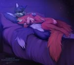  angiewolf anthro bed black_fur canine collar fangs fox fur green_eyes holding_(disambiguation) kyden male male/male mammal pawpads piercing pillow sleeping smile teddytime wolf wulfie 