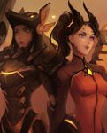  2girls alternate_costume artist_name black_hair bodysuit breasts brown_eyes close-up dark_persona dark_skin demon_horns devil_mercy eye_of_horus facial_mark facial_tattoo forehead_mark gloves gradient gradient_background hair_tubes heart helmet highres horns lips looking_away matilda_vin mechanical_wings medium_breasts mercy_(overwatch) multiple_girls orange_background orange_wings overwatch pharah_(overwatch) ponytail purple_eyes short_hair side_braids signature smile tattoo upper_body wings 