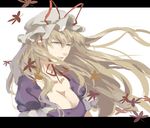  autumn_leaves blonde_hair breasts cleavage crying crying_with_eyes_open dress hat leaf letterboxed long_hair mob_cap purple_dress smile solo tears touhou white_background yakumo_yukari yellow_eyes zhanji_baitailang 