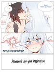  ! !? 2girls ? black_hair blue_eyes blush breasts cleavage comic english engrish explosion half-closed_eyes hands_on_another&#039;s_shoulders highres long_hair multiple_girls ndgd_(bean1215) open_mouth pajamas radiation_symbol ranguage ruby_rose rwby short_hair silver_eyes speech_bubble tank_top text waking_up wavy_mouth weiss_schnee white_hair 
