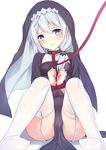  3: alternate_costume bangs benghuai_xueyuan blue_eyes blush bound bound_wrists breasts cameltoe closed_mouth collar commentary_request garter_straps habit hair_between_eyes highres honkai_impact leash long_hair looking_at_viewer no_panties nun pelvic_curtain qunqing shadow simple_background sitting small_breasts solo theresa_apocalypse thighhighs thighs veil white_background white_hair white_legwear 