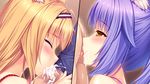  2girls anilingus animal_ears blonde_hair blush cat_ears censored cinnamon_(sayori) closed_eyes cum cum_in_mouth ejaculation fellatio hetero licking long_hair maple_(sayori) mosaic_censoring multiple_girls nekopara oral penis purple_hair sayori testicle_licking yellow_eyes 