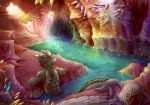  2017 anthro bag camera cave chibity crystal crystals detailed_background digital_media_(artwork) digital_painting_(artwork) dragon lighting male nude partially_submerged scales scalie solo stalactite vallus_(character) water white_scales 