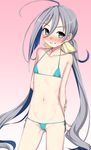  :d ahoge aqua_bikini aqua_ribbon arms_behind_back bare_arms bare_shoulders bikini blush bow breasts cameltoe collarbone cowboy_shot eyebrows_visible_through_hair flat_chest grin hair_between_eyes hair_bow halterneck kantai_collection kiyoshimo_(kantai_collection) kumadano long_hair looking_at_viewer low_twintails micro_bikini navel open_mouth parted_lips purple_eyes ribbon side-tie_bikini silver_hair small_breasts smile solo standing stomach string_bikini swimsuit tareme teeth thighs twintails very_long_hair yellow_bow 