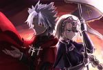  1girl amakusa_shirou_(fate) back-to-back blue_eyes braid chain coat cross cross_necklace fate/apocrypha fate_(series) flag gauntlets headpiece jeanne_d'arc_(fate) jeanne_d'arc_(fate)_(all) jewelry light_smile long_hair long_sleeves necklace red_coat single_braid spiked_hair sushimaro upper_body yellow_eyes 