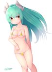  bangs bikini binsen blush breasts c: closed_mouth collarbone covered_nipples eyebrows_visible_through_hair fate_(series) green_hair horns kiyohime_(fate/grand_order) long_hair looking_at_viewer medium_breasts micro_bikini navel simple_background smile solo standing swimsuit thighs twitter_username white_background yellow_bikini yellow_eyes 
