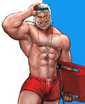  abs armpit_hair bara baywatch blue_eyes chest_hair eyebrows eyewear_on_head grin jang_ju_hyeon male_focus male_swimwear manly muscle navel navel_hair one-eyed overwatch red_swimsuit reinhardt_(overwatch) scar scar_across_eye smile solo sunglasses surfboard swim_trunks swimsuit swimwear thick_thighs thighs whistle 