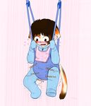  ambiguous_gender anthro bib blush bouncer calico_cat cat clothed clothing diaper feline ludis-luteo mammal simple_background solo suspension young 