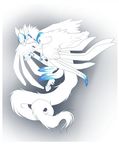  blue_eyes dragon feathered_dragon feathered_wings feathers fur furred_dragon gradient_background long_tail paws rikitoka simple_background white_feathers white_fur wings 