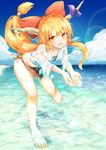  bangs bare_legs barefoot beach bent_over blue_sky bow collarbone day downblouse flat_chest full_body fundoshi groin hair_bow highres horn_ribbon horns ibuki_suika japanese_clothes lens_flare long_hair looking_at_viewer low-tied_long_hair no_bra open_mouth orange_eyes outdoors red_bow ribbon sakusyo see-through sidelocks sky smile solo splashing standing standing_on_one_leg teeth touhou very_long_hair wet wet_clothes yamakasa yellow_eyes 