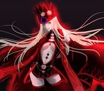  bare_shoulders black_legwear black_sleeves breasts cowboy_shot crown detached_sleeves dress_of_heaven fate/grand_order fate_(series) floating_hair justeaze_lizrich_von_einzbern large_breasts long_hair long_sleeves looking_at_viewer navel pale_skin red_eyes revealing_clothes sleeves_past_wrists smile solo sushimaro thighhighs twitter_username underboob white_hair wide_sleeves 