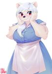  anthro aruurara bear big_breasts breasts clothed clothing cute female fully_clothed fur hair hands_on_face mammal red_eyes signature simple_background solo white_background white_fur white_hair 