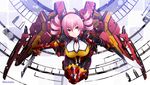  blonde_hair bodysuit breasts cleavage drill_hair gauntlets headgear highres holding holding_sword holding_weapon large_breasts looking_at_viewer mecha_musume mechanical_wings original smile solo sword torigoe_takumi twin_drills weapon wings yellow_eyes 