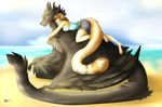  anthro black_feathers black_lips clothed clothing dragon eyes_closed feathers feline female feral furred_wyvern horn mammal open_mouth rikitoka sand shore smile tongue water wyvern 