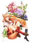  2girls animal_ears breasts brown_eyes brown_hair caster_(fate/extra) fate/extra fate/extra_ccc_fox_tail fate/grand_order fate_(series) grin long_hair multiple_girls open_mouth pink_hair saber_(fate/extra_ccc_fox_tail) school_uniform shoes skirt socks tail v yellow_eyes 
