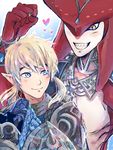  armor blonde_hair blue_eyes fins fishman forehead_jewel heart heart-shaped_pupils jewelry link male_focus monster_boy multiple_boys pointy_ears ponytail sharp_teeth sidon smile symbol-shaped_pupils teeth the_legend_of_zelda the_legend_of_zelda:_breath_of_the_wild yaoi yellow_eyes zora 