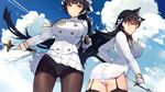  animal_ears arched_back ass ass_visible_through_thighs atago_(azur_lane) azur_lane black_hair black_legwear breasts colored_eyelashes commentary_request cowboy_shot dress garter_straps impossible_clothes kishiyo large_breasts long_hair md5_mismatch military military_uniform miniskirt multiple_girls orange_eyes panties pantyhose pantyshot pleated_skirt ponytail serious short_dress skirt takao_(azur_lane) thighhighs thighs underwear uniform white_panties 