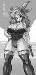 1girl abs bare_arms bare_shoulders basara breasts cameltoe cleavage clouds collarbone covered_navel dragon_ball dragonball_z gun hair_ribbon hairband highres holding_gun huge_breasts impossible_clothes legs lingerie long_hair looking_at_viewer lunch_(dragon_ball) monochrome ocean outdoors ribbon sky sleeveless smile solo standing thick_thighs thighhighs thighs water wavy_hair weapon 