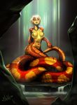  bleats breasts female hair naga nipples nude open_mouth reptile scalie smile snake snake_humanoid solo waterfall 
