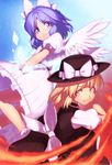  &gt;:) black_dress blonde_hair blush bow closed_mouth commentary_request dress feathered_wings fedora hair_bow hat hat_bow kaiza_(rider000) looking_at_viewer mai_(touhou) multiple_girls puffy_short_sleeves puffy_sleeves purple_eyes purple_hair short_hair short_sleeves smile touhou touhou_(pc-98) v-shaped_eyebrows white_bow white_dress white_wings wings yellow_eyes yuki_(touhou) 