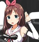  :o a.i._channel armpits bare_shoulders blue_eyes bow bridal_gauntlets brown_hair car_interior commentary greatmosu hair_bow hairband hand_up kizuna_ai long_hair looking_at_viewer multicolored_hair neck_ribbon open_mouth parody pink_hair real_life ribbon school_uniform serafuku sleeveless solo syamu_game two-tone_hair virtual_youtuber 