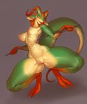  2017 2_toes 5_fingers anthro armpits big_breasts breasts butt_from_front clitoris countershading crouching digital_media_(artwork) female front_view full-length_portrait green_scales holding_object horn looking_at_viewer navel nipples nude open_mouth pmo0908 portrait pussy red_scales scales scalie simple_background small_waist solo spread_legs spreading thick_tail thick_thighs toes wide_hips yellow_eyes yellow_scales 