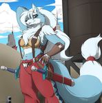  blue_fur breasts canine clothing cloud detailed_background female fox fur mammal melee_weapon solo sword tagme weapon zerofox1000 