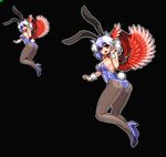  animal_ears breasts bunny_ears bunnysuit eyebrows_visible_through_hair head_wings horns large_breasts looking_at_viewer multicolored_hair open_mouth pantyhose pixel_art red_eyes red_wings simple_background smile takorin tokiko_(touhou) touhou wings 