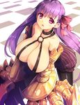 :o bangs black_legwear breasts buckle checkered checkered_floor claws cleavage collar collarbone colored_eyelashes corset covered_nipples cura eyebrows_visible_through_hair fate/grand_order fate_(series) hair_ribbon large_breasts leaning_forward legs_apart long_hair looking_at_viewer o-ring open_mouth pantyhose passion_lip purple_eyes purple_hair red_ribbon revealing_clothes ribbon shiny shorts solo striped tareme vertical-striped_shorts vertical_stripes very_long_hair 