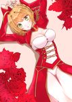  ahoge blonde_hair blush breasts cleavage copyright_name dress epaulettes fate/extra fate_(series) flower frilled_sleeves frills green_eyes juliet_sleeves leotard long_sleeves looking_at_viewer lying medium_breasts nero_claudius_(fate) nero_claudius_(fate)_(all) on_back parted_lips puffy_sleeves red_dress red_flower red_rose rose short_hair solo sushimaro 