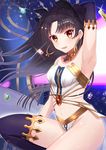  armpits arms_up bangs black_bow black_legwear blush bow breasts collarbone commentary_request elbow_gloves eyebrows_visible_through_hair fate/grand_order fate_(series) gloves hair_bow ishtar_(fate/grand_order) long_hair long_legs looking_at_viewer medium_breasts navel omelet_tomato parted_bangs parted_lips red_eyes single_elbow_glove single_glove sitting smile solo thighhighs thighs two_side_up 