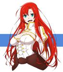  akitetsu boudica_(fate/grand_order) breasts cleavage cleavage_cutout corset fate/grand_order fate_(series) faulds green_eyes highres juliet_sleeves large_breasts long_hair long_sleeves looking_at_viewer o-ring o-ring_top open_mouth puffy_sleeves red_hair shrug_(clothing) smile solo 