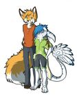  barefoot black_nose blue_hair canine clothed clothing digitigrade duo female fox fur green_eyes hair jewelry male mammal necklace orange_fur rikitoka simple_background standing white_background yellow_eyes 