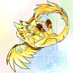  2013 ambiguous_gender claws dragon feathered_dragon feathered_wings feathers fur furred_dragon green_eyes paws rikitoka simple_background wings yellow_fur 