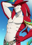  abs arm_up blue_sky day fins fishman looking_at_viewer male_focus michael_lee_lunsford monster_boy muscle pose sharp_teeth sidon sky smile solo stomach sunlight teeth the_legend_of_zelda the_legend_of_zelda:_breath_of_the_wild yellow_eyes zora 