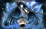  akame_ga_kill! blue_eyes blue_hair boots breasts choker chromatic_aberration cleavage collarbone esdeath hat ice large_breasts long_hair looking_at_viewer military military_uniform peaked_cap raizo35 solo thigh_boots thighhighs uniform very_long_hair 