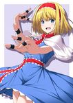  alice_margatroid bad_perspective bangs blonde_hair blue_dress blue_eyes blush capelet cowboy_shot dress foreshortening frills hairband highres lolita_hairband looking_at_viewer neck_ribbon nori_tamago puffy_short_sleeves puffy_sleeves puppet_rings puppet_strings red_ribbon ribbon sash short_hair short_sleeves smile solo touhou white_capelet 