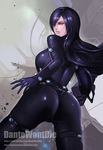  ass banned_artist bent_over black_bodysuit black_hair bodysuit breasts brown_eyes commentary_request cowboy_shot deviantart_username from_behind gantz gantz_suit gun hair_over_one_eye highres holding holding_gun holding_weapon large_breasts long_hair looking_away parted_lips patreon_username rifle shimohira_reika skin_tight solo watermark weapon web_address yinan_cui 