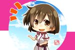  :d alternate_costume artist_name brown_eyes brown_hair chibi commentary_request hair_between_eyes highres hiryuu_(kantai_collection) japanese_clothes kantai_collection one_side_up open_mouth peach_(airline) short_hair short_sleeves smile solo taisa_(kari) 