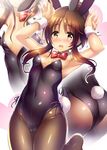  animal_ears armpits arms_up ass bangs blush bow bowtie breasts brown_hair bunny_ears bunny_pose bunny_tail bunnysuit covered_navel detached_collar embarrassed flying_sweatdrops hair_bun head_out_of_frame heart idolmaster idolmaster_cinderella_girls leg_up leotard long_hair looking_at_viewer ment multiple_views no_shoes open_mouth pantyhose red_bow ribbon sidelocks small_breasts tail takamori_aiko wavy_hair wrist_cuffs yellow_eyes 
