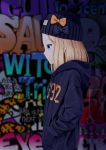  1girl abigail_williams_(fate/grand_order) absurdres alternate_costume beanie black_bow black_hat blonde_hair blue_eyes blue_hoodie blurry blurry_background bow closed_mouth clothes_writing commentary_request crossed_bandaids depth_of_field drawstring english_text fate/grand_order fate_(series) graffiti hand_in_pocket hat hat_bow highres hood hood_down hoodie long_hair orange_bow print_bow profile sanbe_futoshi solo star star_print upper_body 
